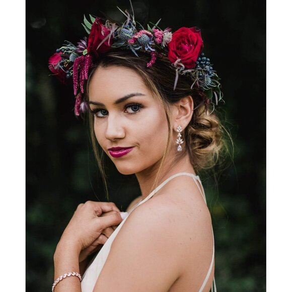 Women's Rose Gold Crystal Cubic Zirconia Bridal Drop Teardrop Wedding Earrings - Picture 2 of 7